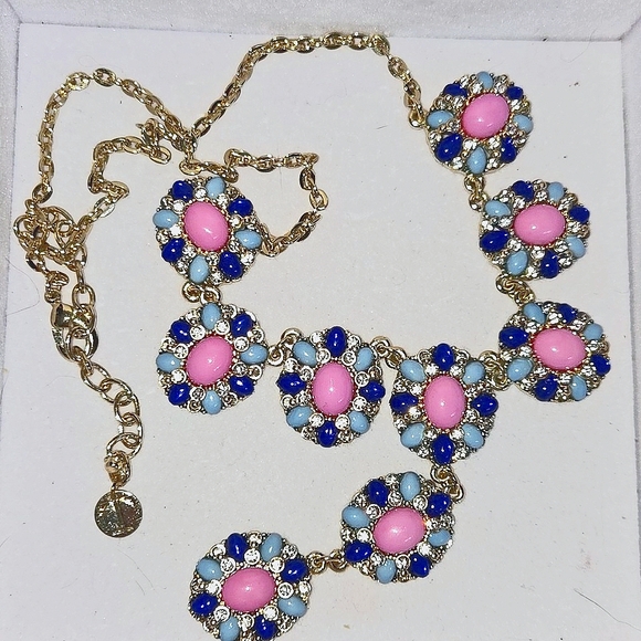 Talbots Pink and Blue Cabachons w/ Rhinestones Necklace - Picture 2 of 8
